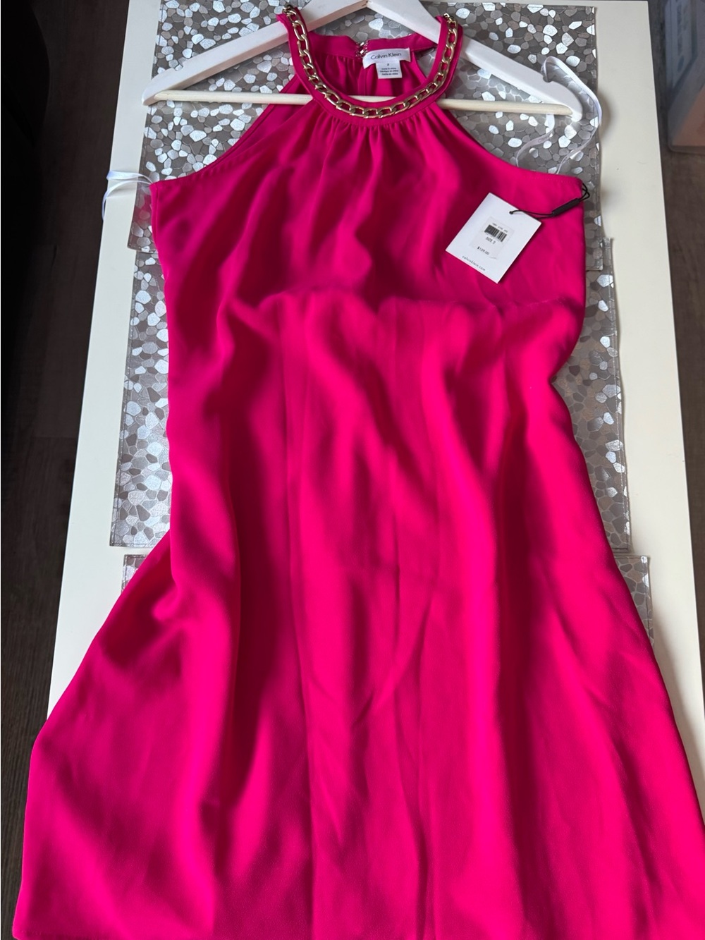 Calvin Klein Hot Pink Dress with Gold Chain Strap Size 2